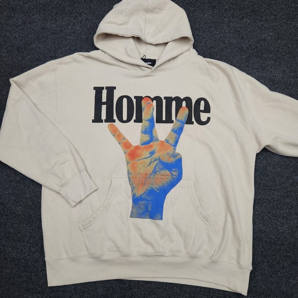 Homme Femme Mens XXL Twisted Fingers Hoodie Cream with Blue and Red Pullover‎
